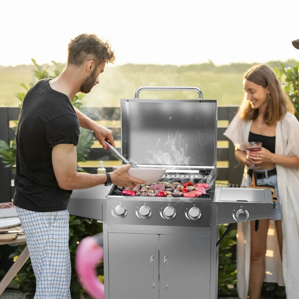 Aimee Lii 50000BTU 5-Burner Propane Gas Grill with Side Burner and 2 Prep Tables, BBQ Grill for Outdoor Cooking Kitchen, Garden and Patio Backyard Barbecue-Silver