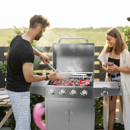 Aimee Lii 50000BTU 5-Burner Propane Gas Grill with Side Burner and 2 Prep Tables, BBQ Grill for Outdoor Cooking Kitchen, Garden and Patio Backyard Barbecue-Silver