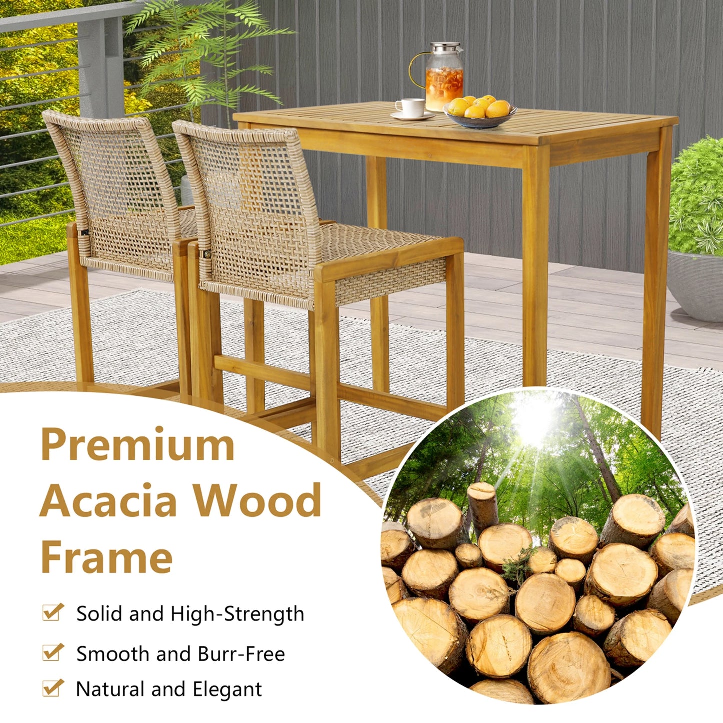 Costway Set of 2 Patio Wood Barstools Rattan Bar Height Chairs with Backrest Porch Balcony