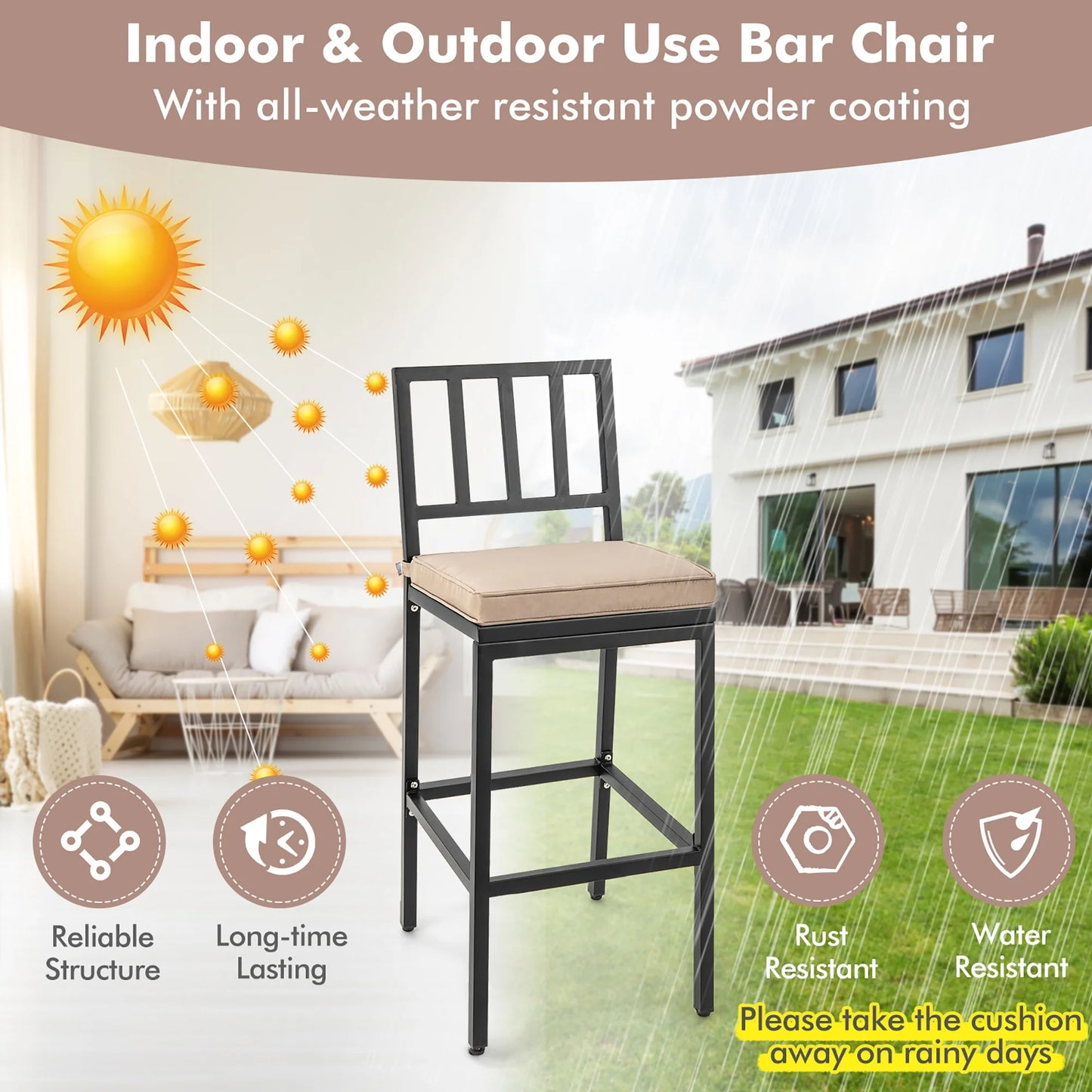 Costway Set of 2 Patio Metal Bar Stools Outdoor Bar Height Dining Chairs with Cushion
