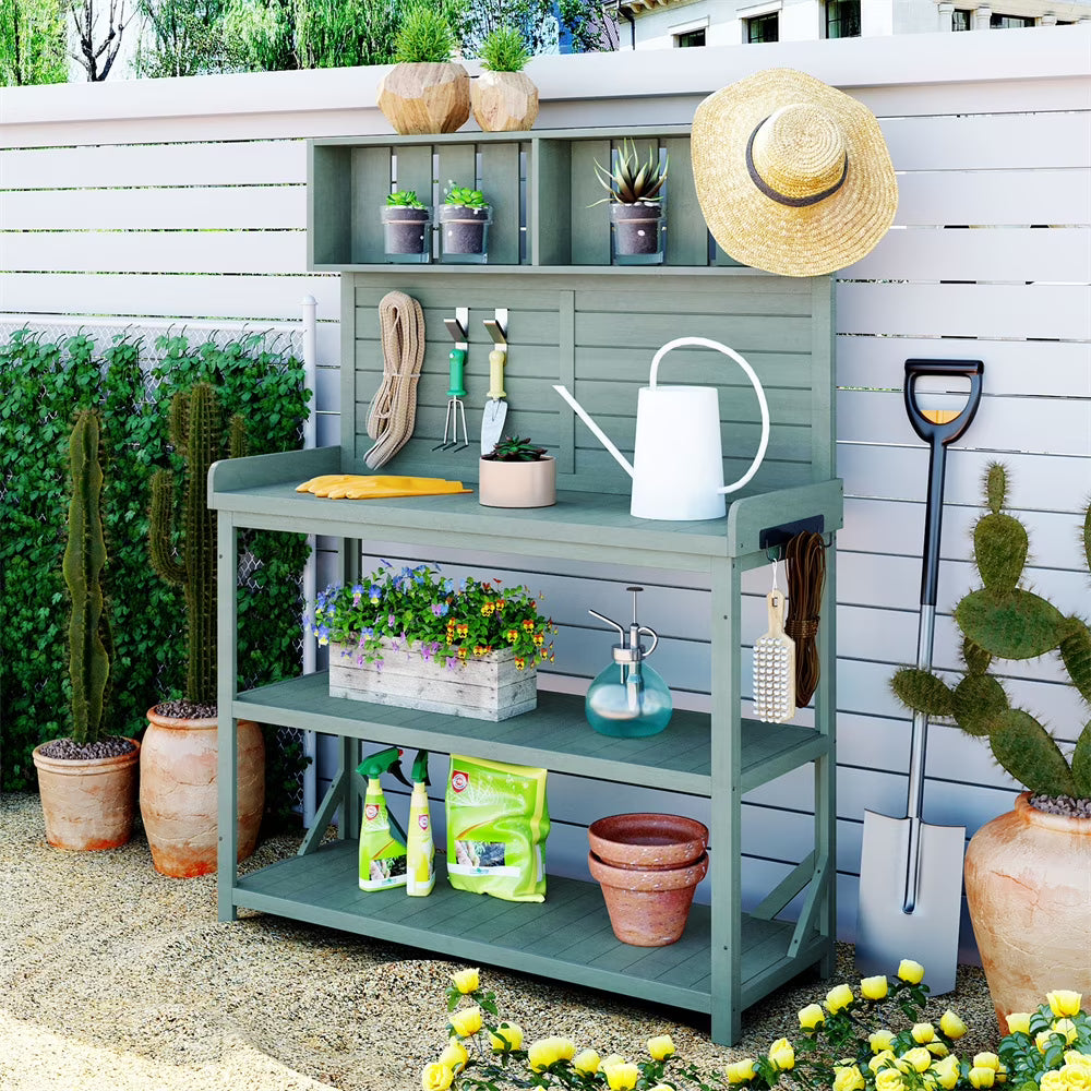 65" Outdoor Potting Bench Table, Farmhouse Wooden Garden Patio Workstation with 2 Upper Shelves, 2 Lower Shelves and 3 Side Hooks Multifunctional Work Bench Planting Table for Backyard Mudroom Natural