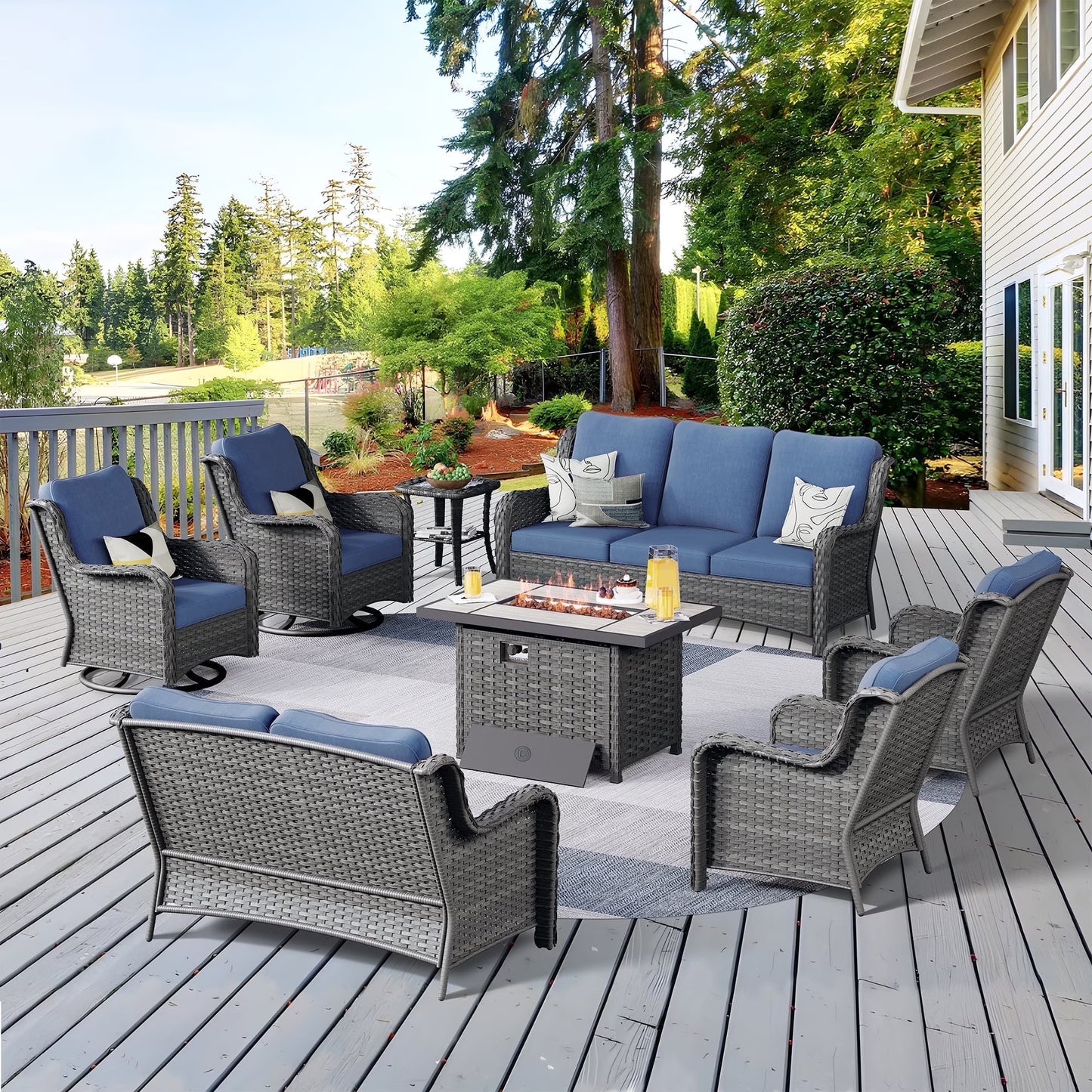 Vcatnet 8 Pieces Outdoor Patio Furniture Sectional Sofa All-weather Conversation Set with Swivel Rocking Chairs and Fire Pit Table for Garden,Poolside,Gray