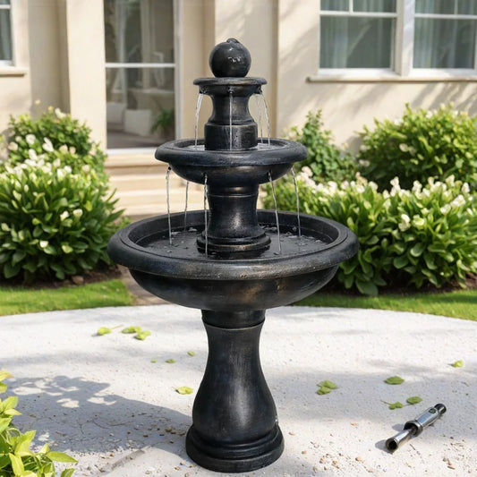 3-Tiers Modern Concrete Outdoor/Indoors Floor Fountain - Round Large Outdoor Freestanding Waterfalls Fountains for Garden, Patio, Yard, and Deck Decor