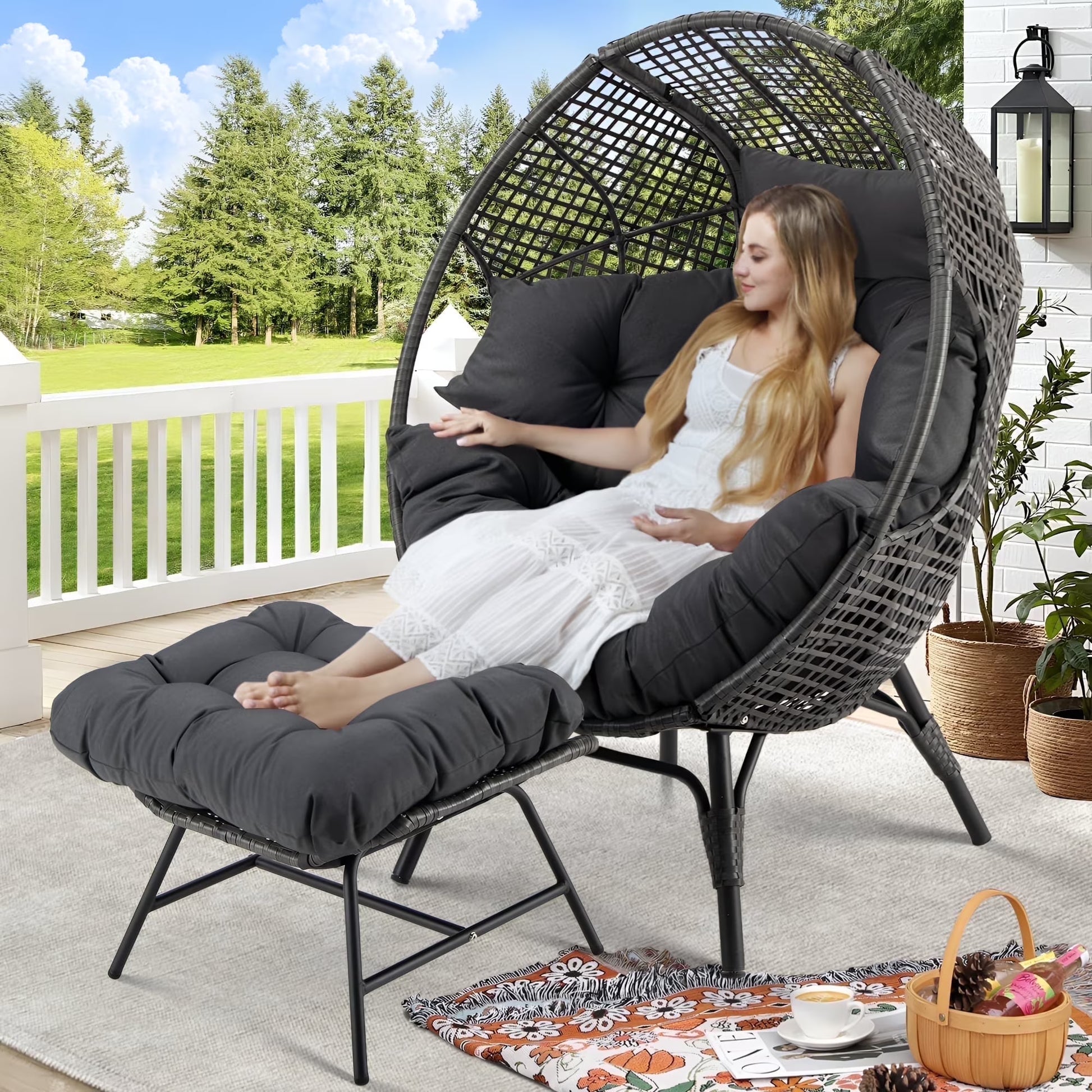 RADIATA 440 lbs Outdoor Egg Chair with Foot Rest & Ottoman, Wicker Patio Egg Chair for Indoor or Garden,Beige