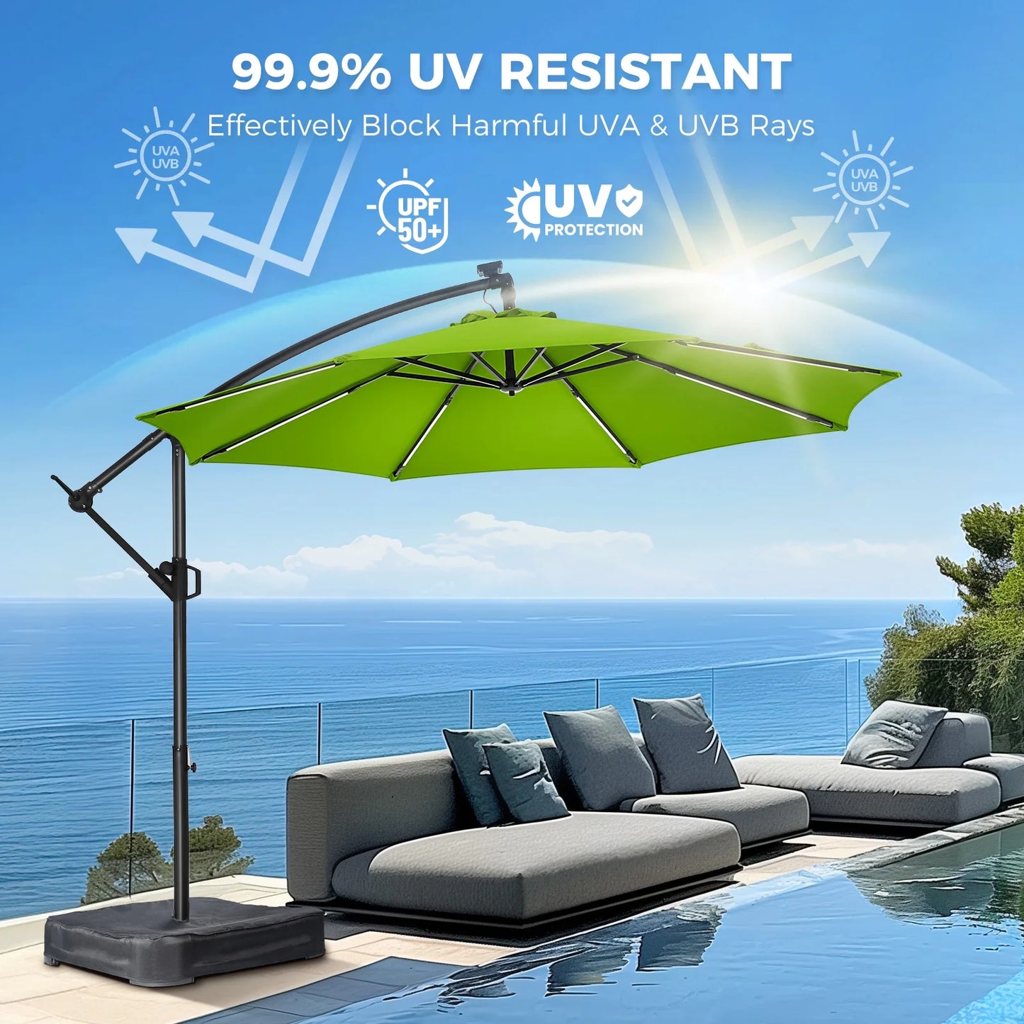 10ft Patio Umbrella Offset with Solar Light and Base,Offset Hanging Patio Outdoor Market Umbrella with Easy Tilt and Crank,for Yard,Garden,Home,Pool & Deck,Green
