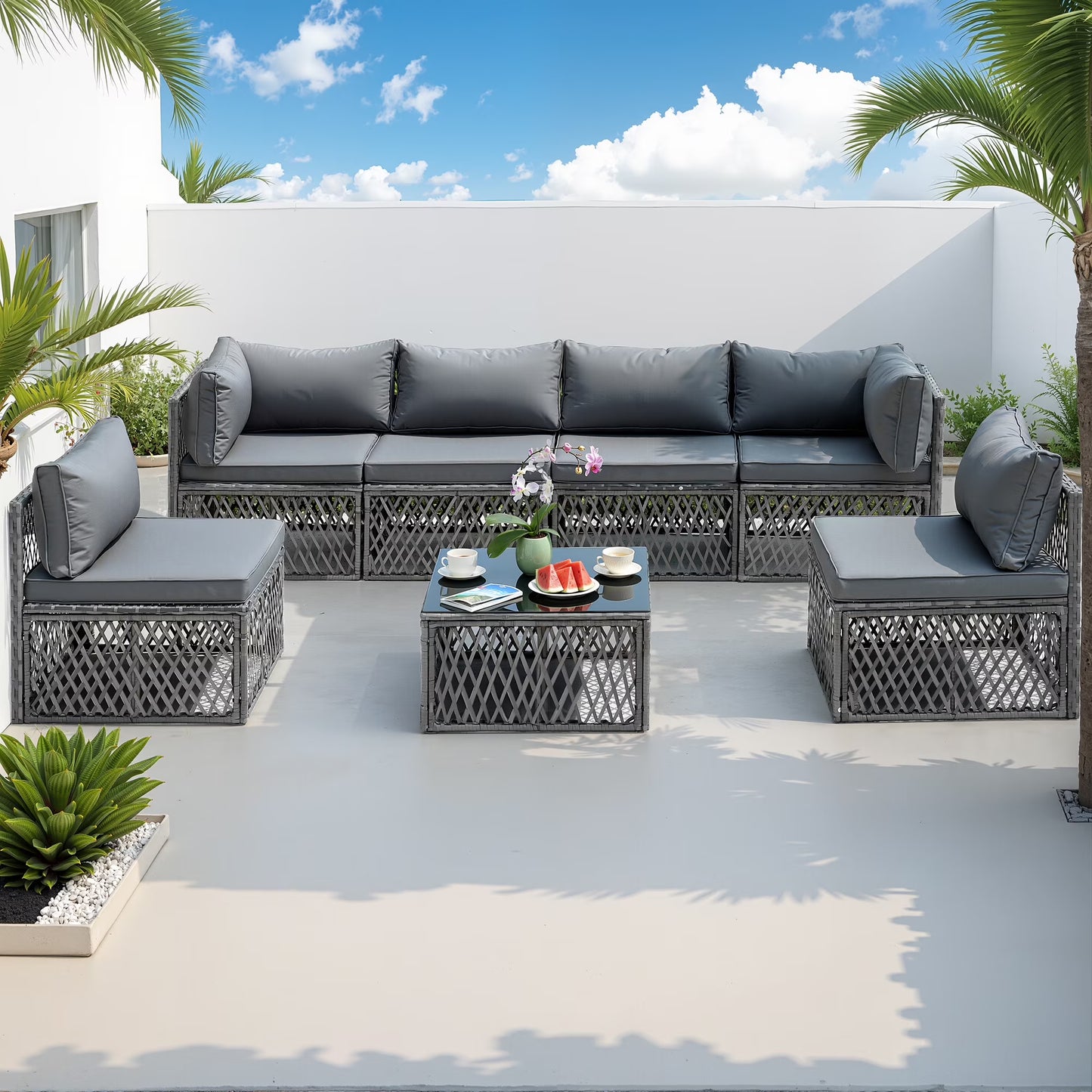 7 Pieces Patio Funiture Set, Outdoor Furniture Sectional Sofa Set,Manual Wicker Rattan Patio Conversation Set Heavy-duty Frame, with Cushions and Table, Gray