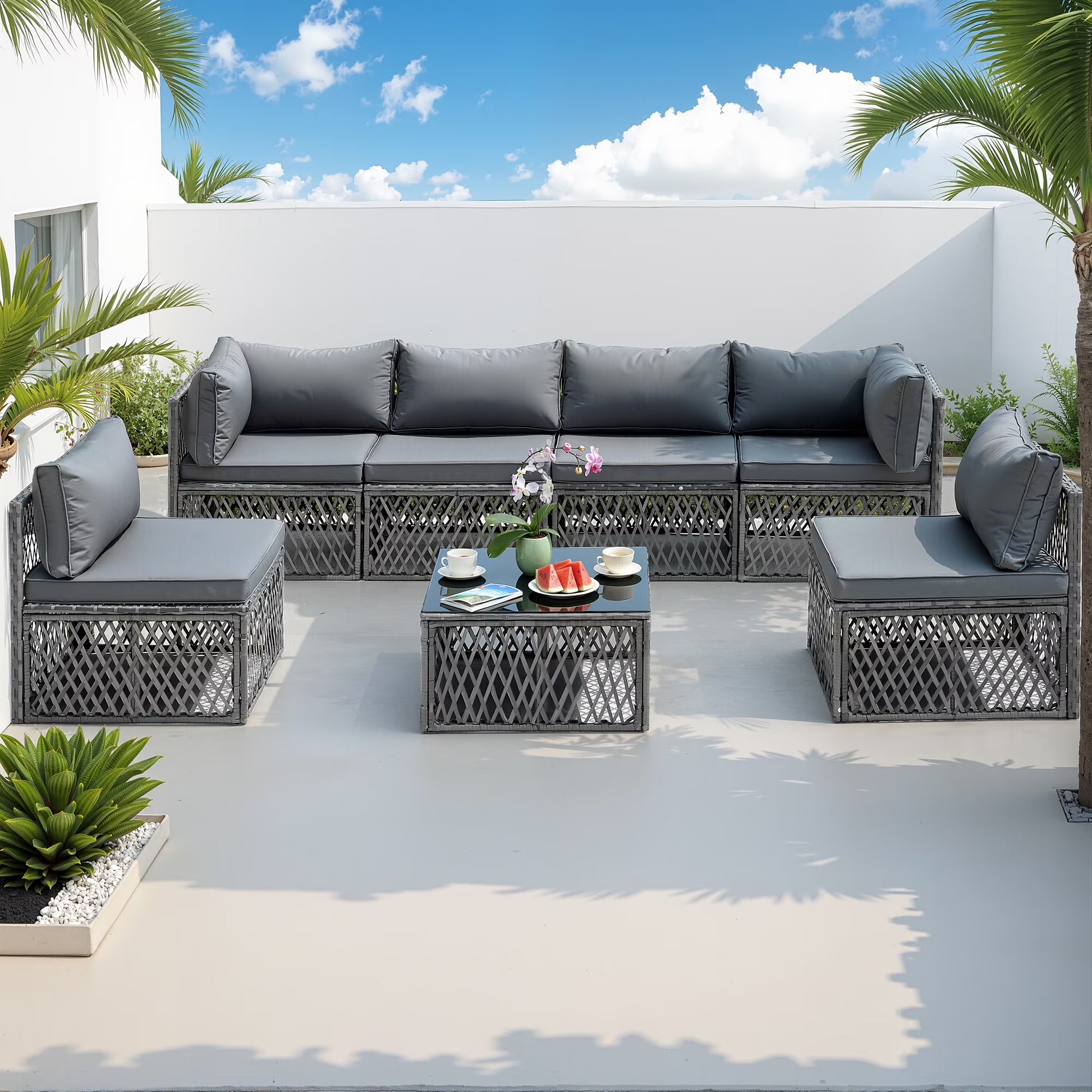 7 Pieces Patio Funiture Set, Outdoor Furniture Sectional Sofa Set,Manual Wicker Rattan Patio Conversation Set Heavy-duty Frame, with Cushions and Table, Gray