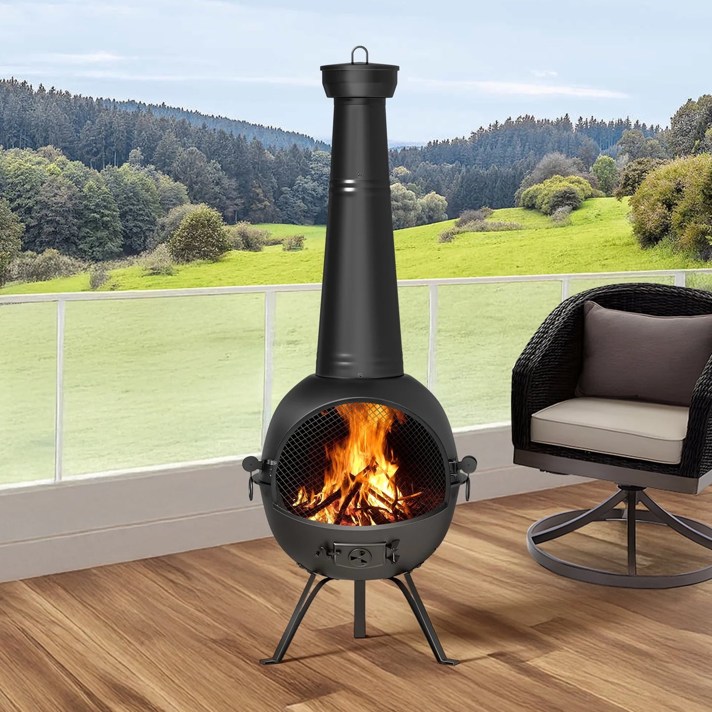 KingChii Chiminea Outdoor Fireplace, Wooden Fire Pit for Patio Backyard with Cover, Black
