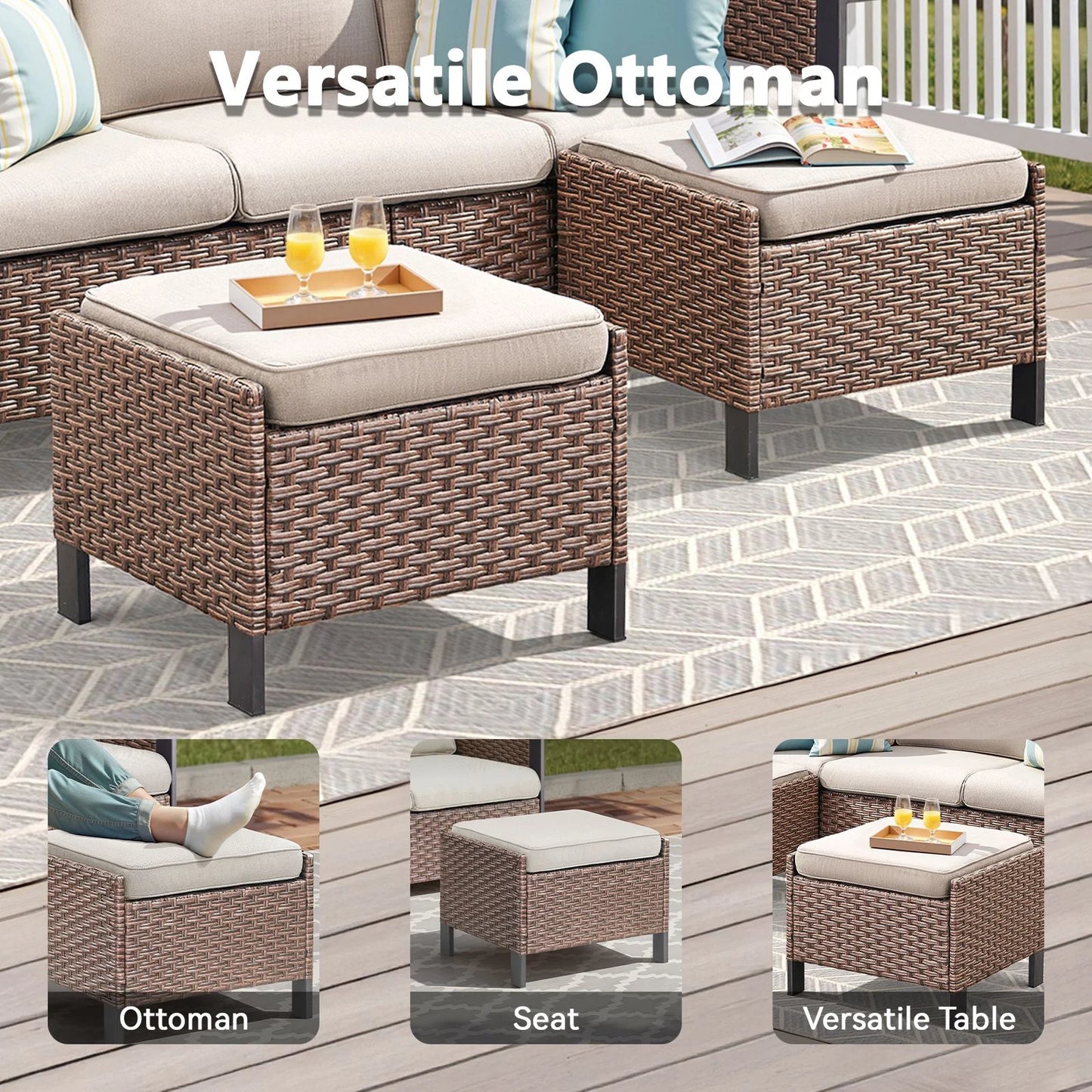 Opohoro 5-Piece Outdoor Conversation Set with Wide Armrest Patio Sofa, Ottomans and Swivel Rocking Chairs for Porch Garden