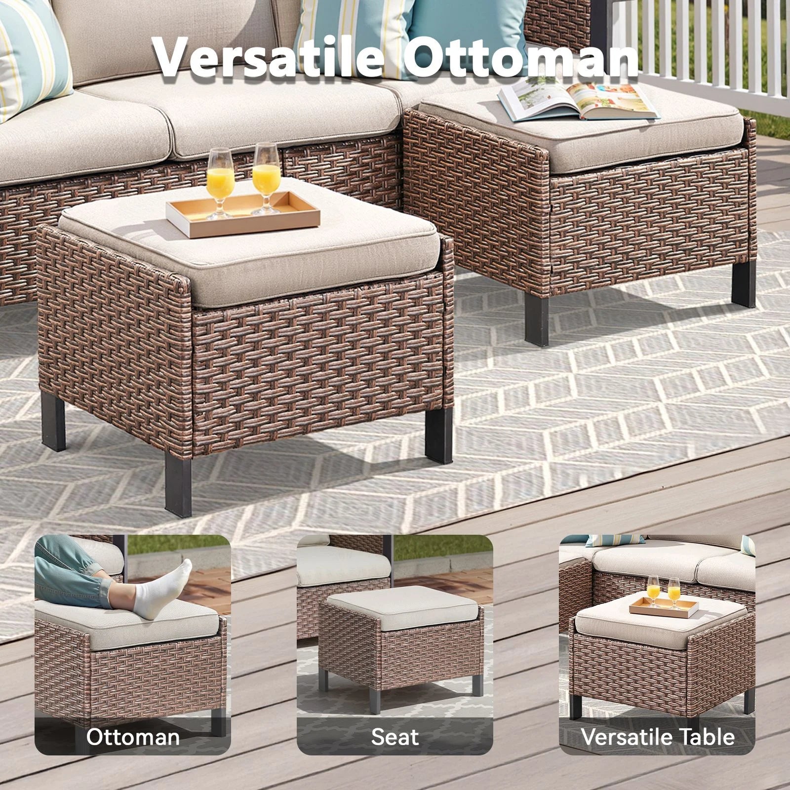 Opohoro 5-Piece Outdoor Conversation Set with Wide Armrest Patio Sofa, Ottomans and Swivel Rocking Chairs for Porch Garden
