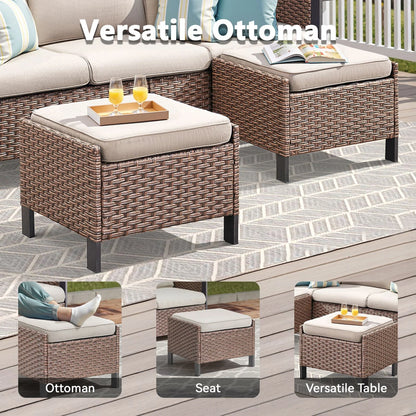 Opohoro 5-Piece Outdoor Conversation Set with Wide Armrest Patio Sofa, Ottomans and Swivel Rocking Chairs for Porch Garden