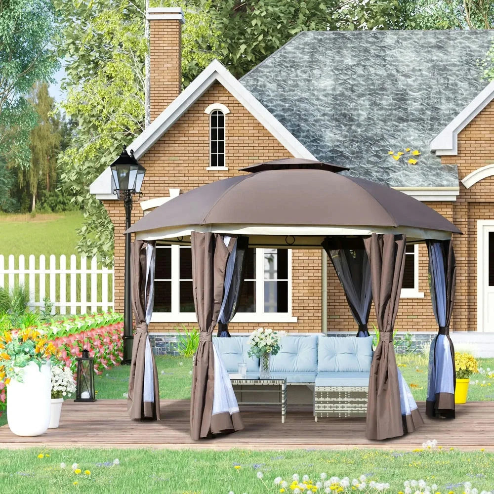 Aimee Lii 12' x 12' Round Outdoor Canopy Tent, Patio Dome Canopy Tent Canopy Shelter with Double Roof, Curtains, Zippered Doors, Strong Steel Frame, Shade Canopy, Outdoor Canopy, Brown