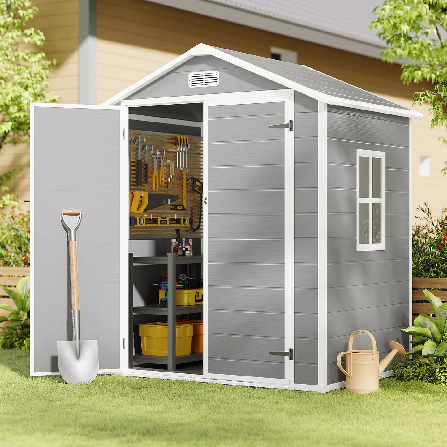 Asofer 6x4 FT Resin Storage Shed, Plastic Outdoor Shed with FloorSide Window, Lockable Door for Backyard, Garden, Patio, Gray