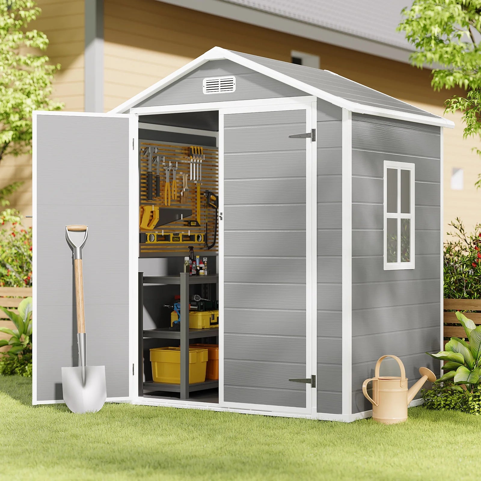 Asofer 6x4 FT Resin Storage Shed, Plastic Outdoor Shed with FloorSide Window, Lockable Door for Backyard, Garden, Patio, Gray