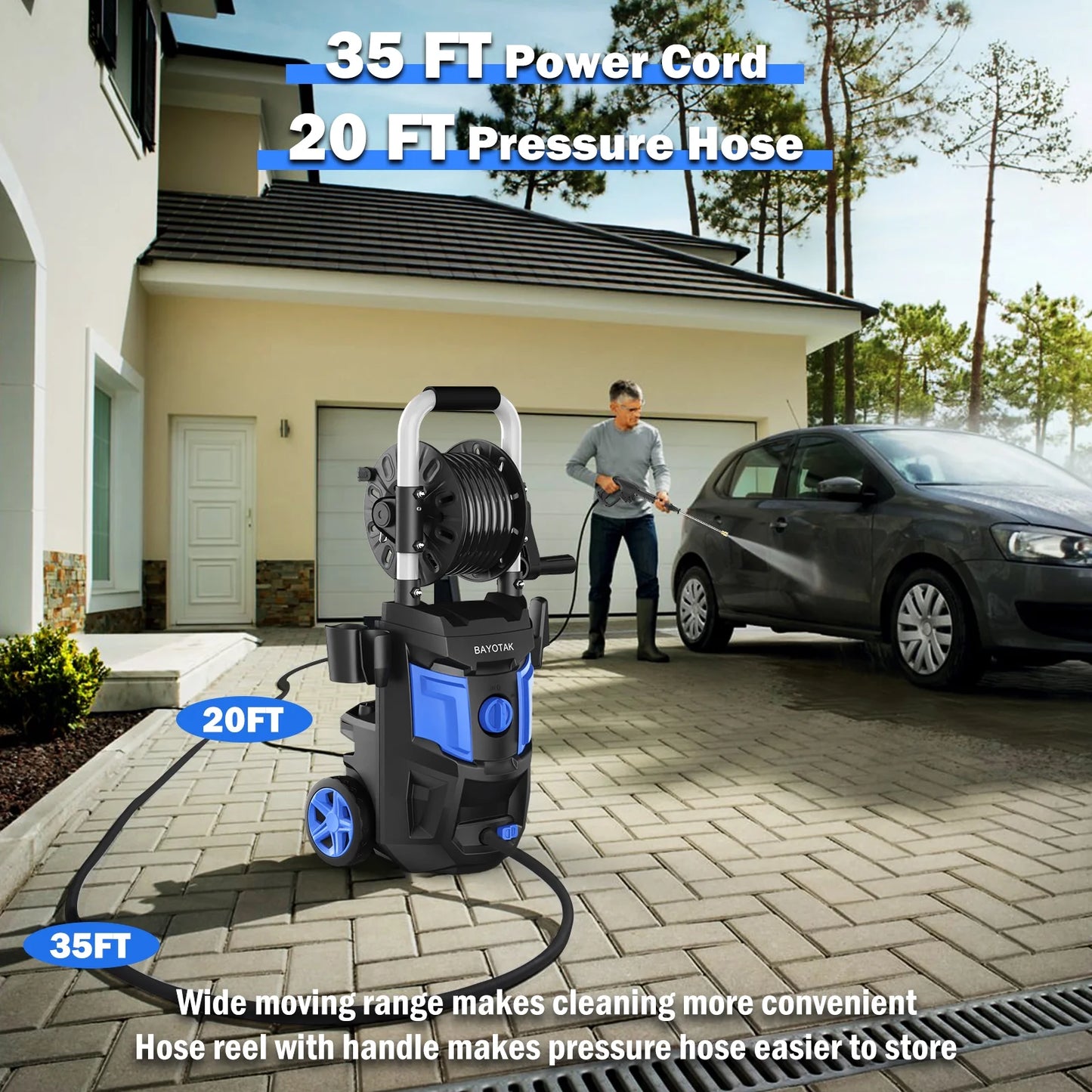 Electric Pressure Washer 5000 PSI 3.2 GPM - with 35 FT Power Cord, 20 FT Hose, 4 Connect Nozzles, Foam Cannon & Hose Reel | Ideal for Cars, Patios, Garages | Blue