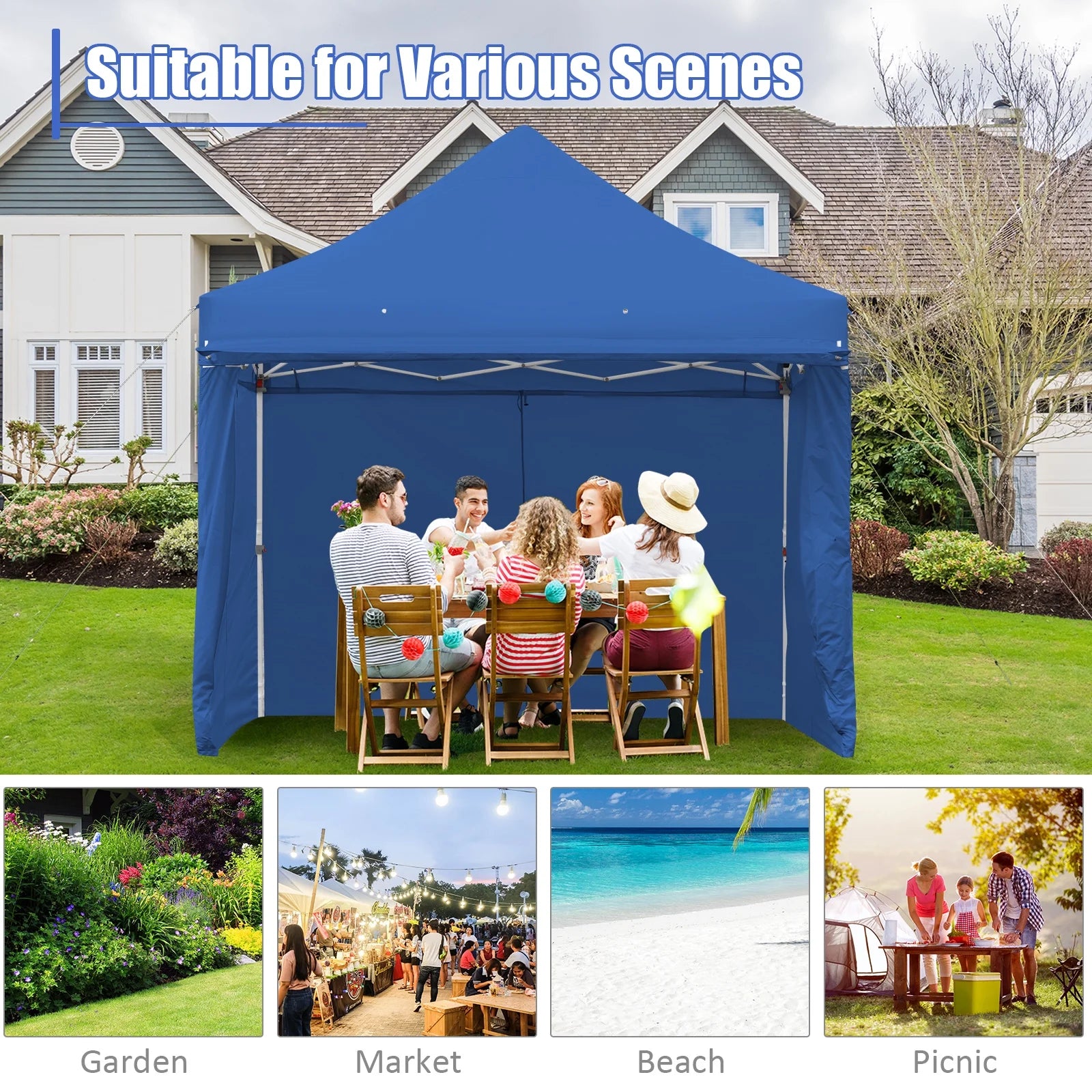 Patiojoy 10x10ft Pop up Tent, 4 Height Adjustment Folding Camping Tent with Awning Blue