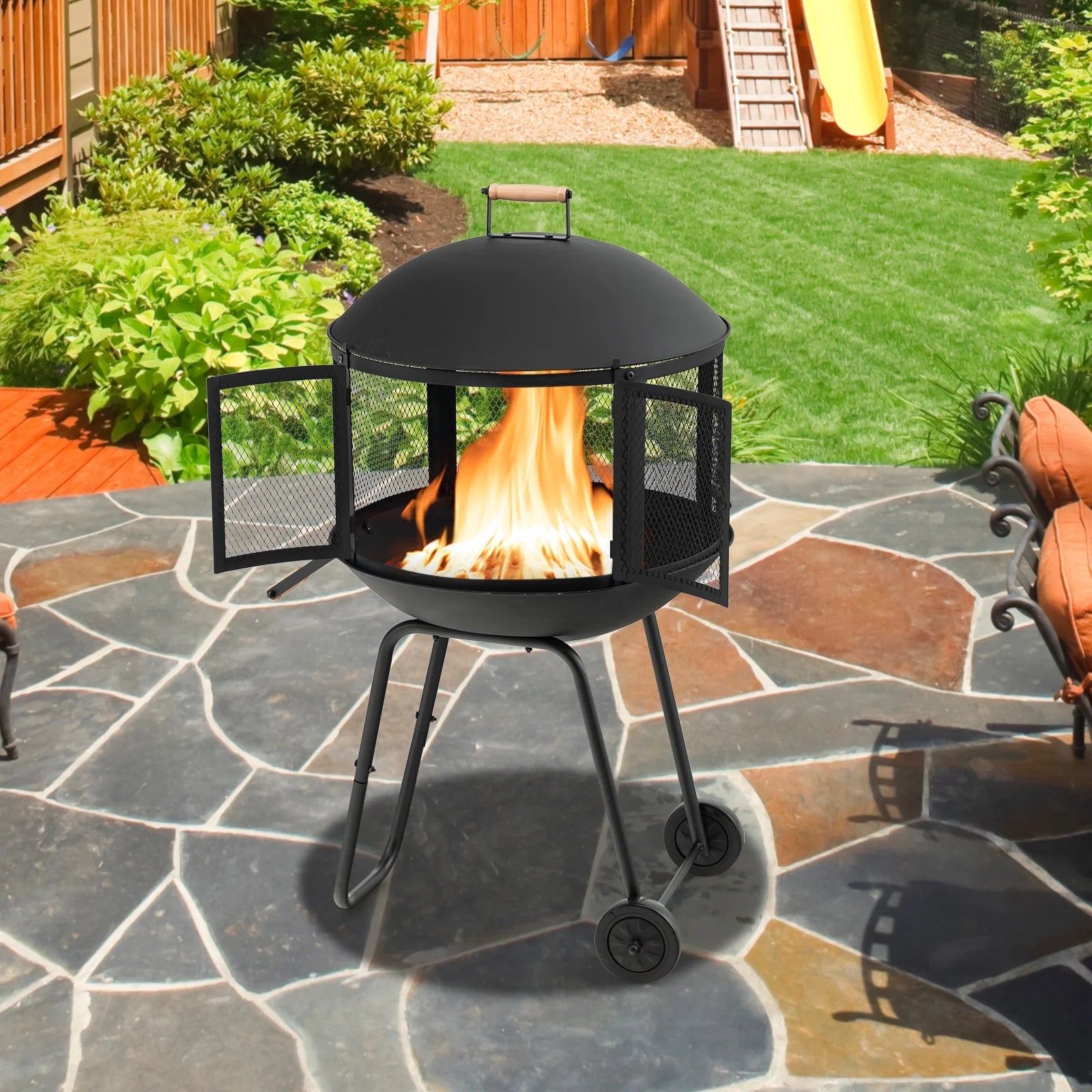 Topbuy Portable Fire Pit w/Wheels 28" Wood Burning Fire Pit w/Log Grate Poker Rolling Patio Fireplace Bonfire Firepit for Outdoor Entertaining