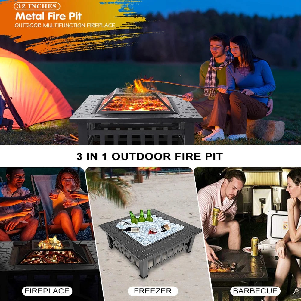Wood Burning Fire Pits for Outside, 32" Square Iron Fire Pit Backyard Patio Garden Stove Wood Burning Fire Pit w/Mesh Screen Lid, Wood Grate, Poker, Durable Fire Pit, Q5946