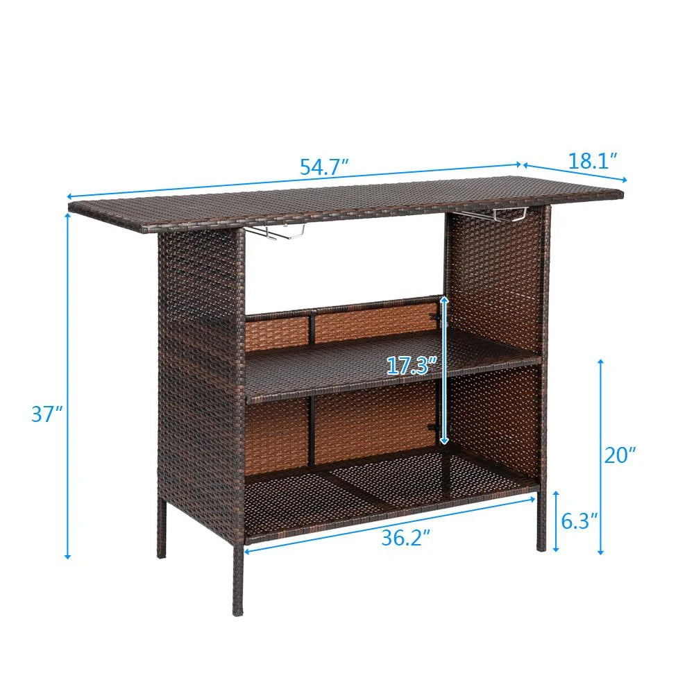 Zimtown Outdoor Wicker Bar Table with 2 Steel Shelves Brown, Patio Bar Table for Storage Function with 2 Tiers
