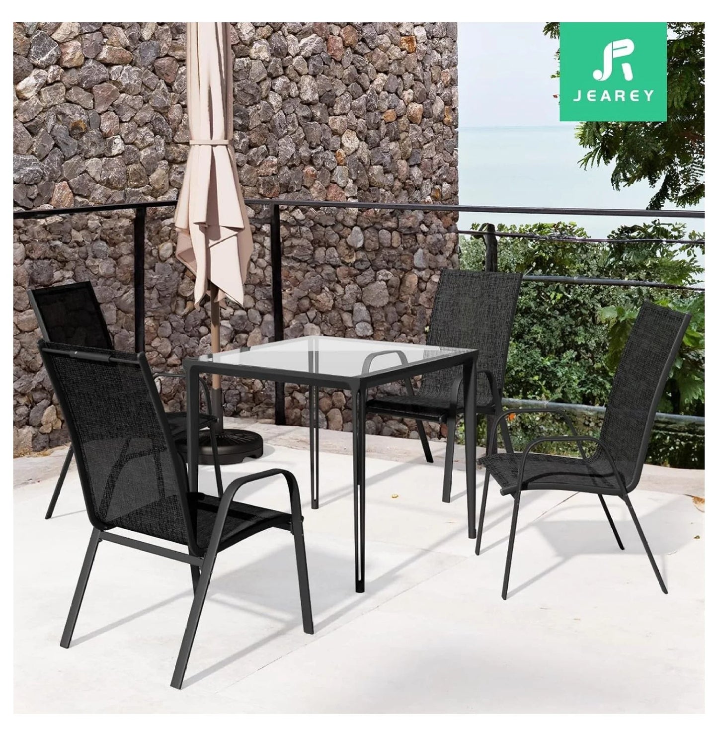 Patio Dining Chairs Set of 4, Outdoor Stackable Dining Furniture Set, All Weather Dining Set for Lawn, Garden, Backyard, Poolside, Black