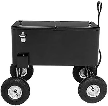 80 Quart Wagon Rolling Cooler Ice Chest,/Long Handle and 10" Wheels, Portable Beach Patio Party Bar Cold Drink Beverage, Outdoor Park Cart on Wheels