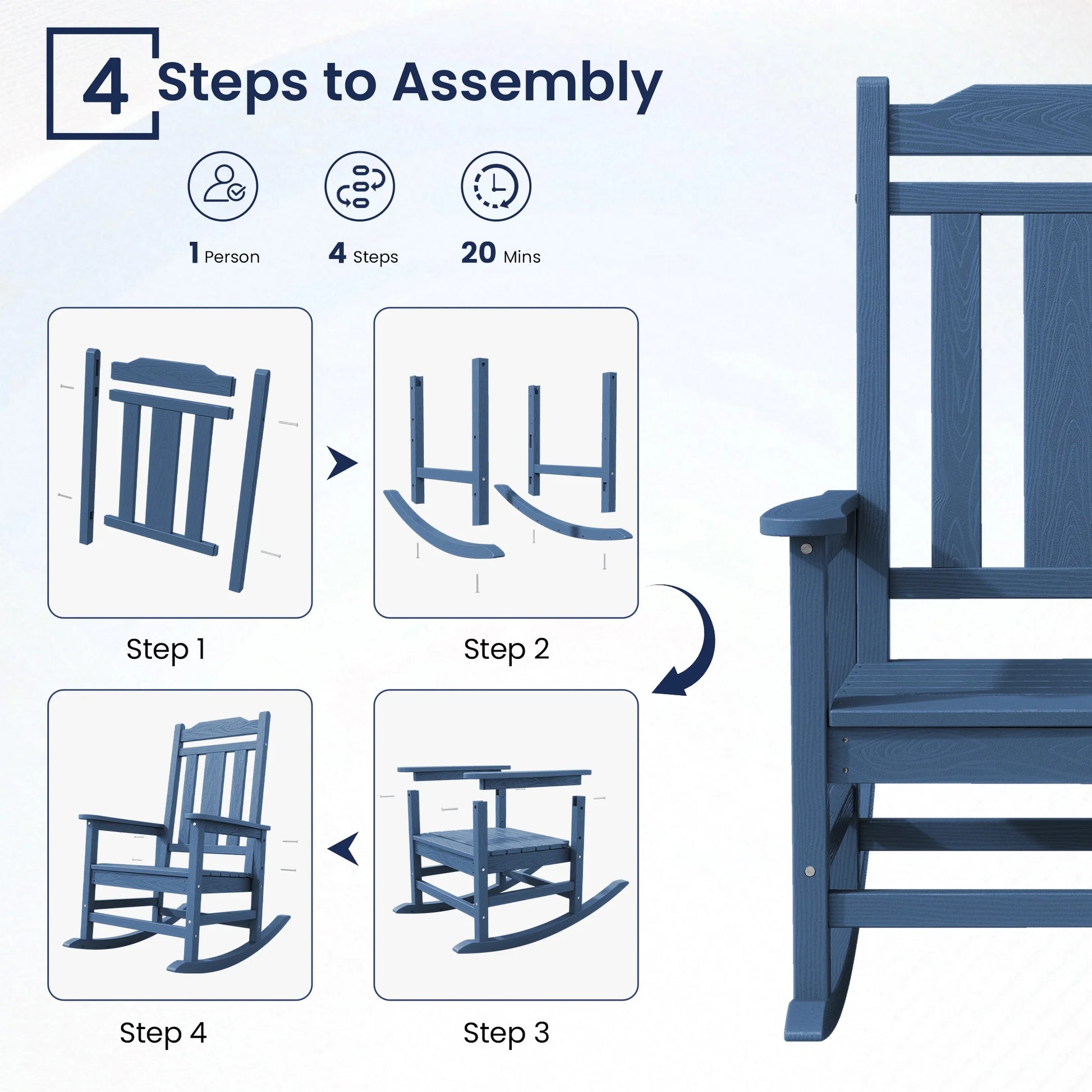 SERWALL Outdoor Rocking ChairHDPE Patio Rocking Chair, Heavy Duty Front Porch Rocker, Blue