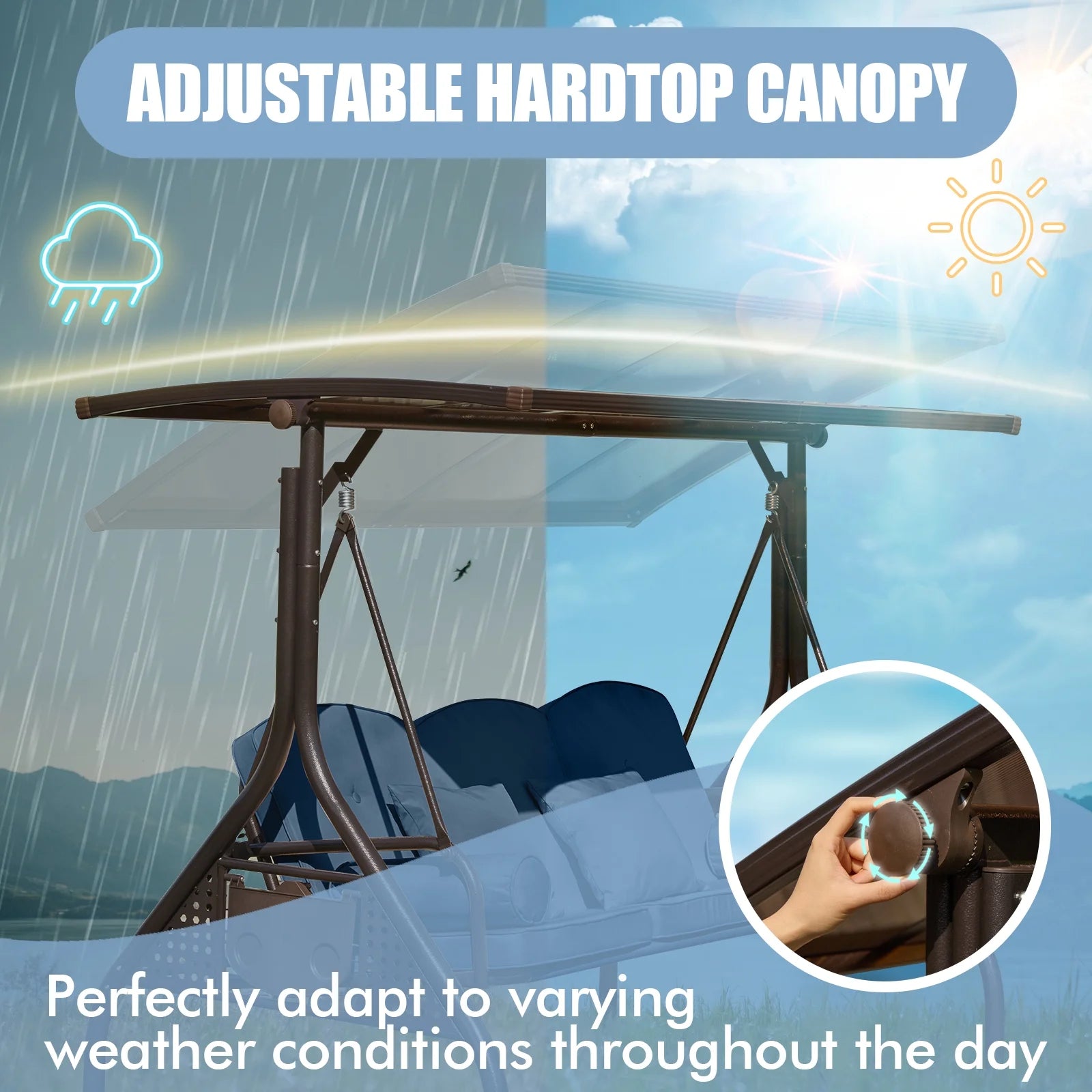 3-Seat Patio Porch Swing with Adjustable Hardtop,3 in 1 Convertible Outdoor Porch Swing for Adults,Patio Swing with Thicken Cushion,Pillows & Cup Holders for Porch,Backyard,Garden (Blue)