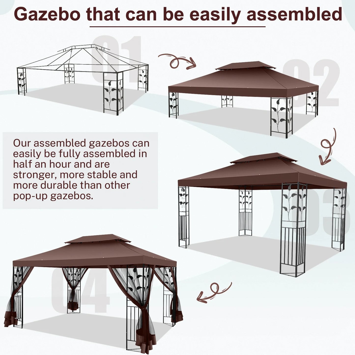 SANOPY 10'x13.3' Metal Patio Gazebo, Outdoor Gazebo Canopy Tent for Backyard with Mesh Curtains, Gazebos Shelter with Display Shelves, Steel Frame, Patio Covers for Tailgate