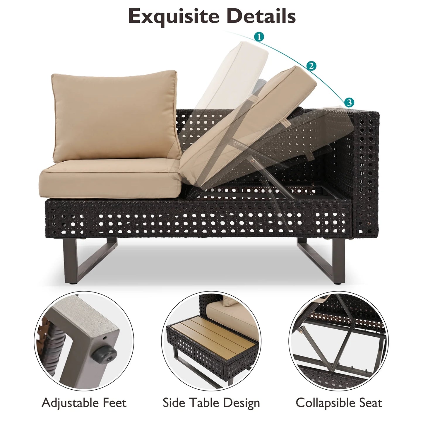 6-Piece Outdoor Sectional Furniture Set for Patio, Expandable Coffee Table w/Ice Bucket & Collapsible Seat, Deep Cushions - Khaki
