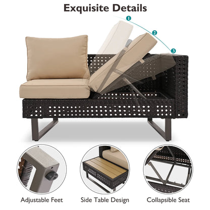 6-Piece Outdoor Sectional Furniture Set for Patio, Expandable Coffee Table w/Ice Bucket & Collapsible Seat, Deep Cushions - Khaki