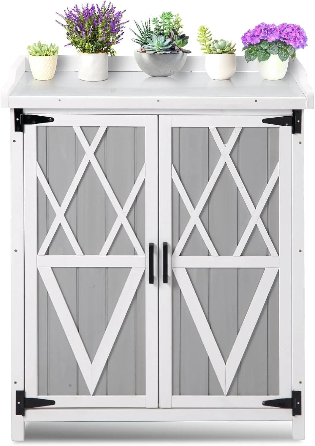 Outdoor Potting Bench with Storage - 37" Tall Wooden Garden Workstation with Galvanized Metal Tabletop, Adjustable Shelves & Double Doors for Backyard, Patio, Garden (White).