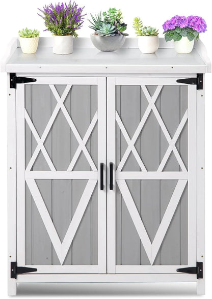 Outdoor Potting Bench with Storage - 37" Tall Wooden Garden Workstation with Galvanized Metal Tabletop, Adjustable Shelves & Double Doors for Backyard, Patio, Garden (White).