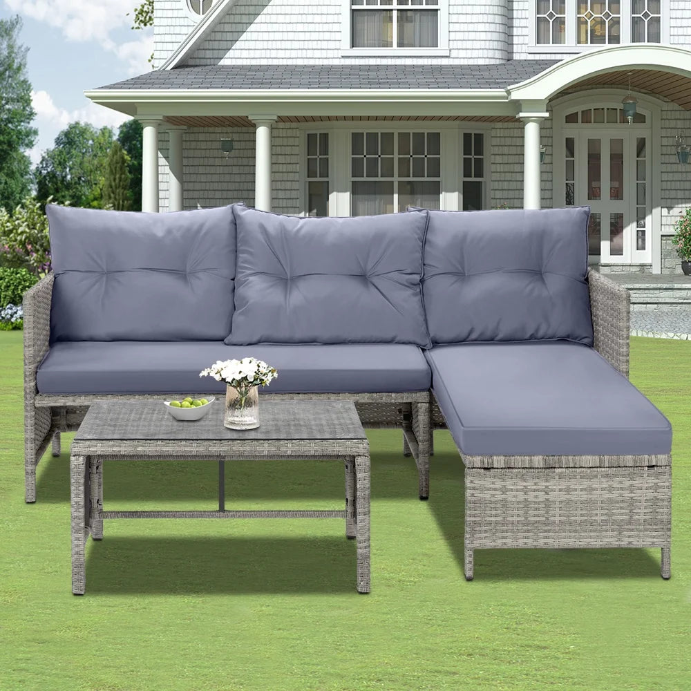 3 Pieces Patio Furniture Sectional Set, Outdoor Furniture Set with Two-Seater Sofa, Lounge Sofa, Table & Cushion, PE Rattan Wicker Bistro Set, Conversation Set for Garden, Backyard