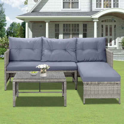 3 Pieces Patio Furniture Sectional Set, Outdoor Furniture Set with Two-Seater Sofa, Lounge Sofa, Table & Cushion, PE Rattan Wicker Bistro Set, Conversation Set for Garden, Backyard