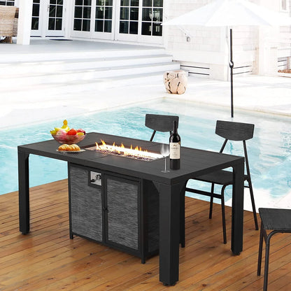 PIZZELLO Outdoor Rectangular Patio Fire Dining Table 62.5" for 6 with Fire Glass Bead, Black