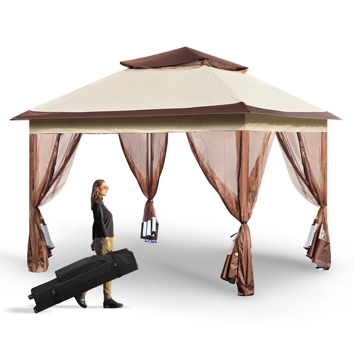 KFFKFF Patio Gazebo 11 x 11 FT Pop up Gazebo Tent for 8-10 Person, UPF 50+ protection, Wind and Rain Resistance, Effective Bug Control, PU Coated 250D Oxford Cloth, Outdoor Canopy Shelter