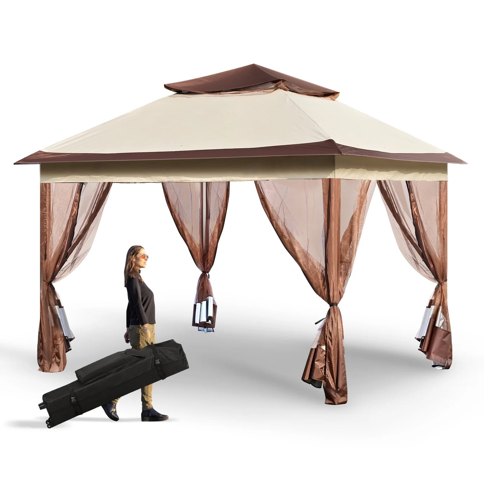 KFFKFF Patio Gazebo 11 x 11 FT Pop up Gazebo Tent for 8-10 Person, UPF 50+ protection, Wind and Rain Resistance, Effective Bug Control, PU Coated 250D Oxford Cloth, Outdoor Canopy Shelter