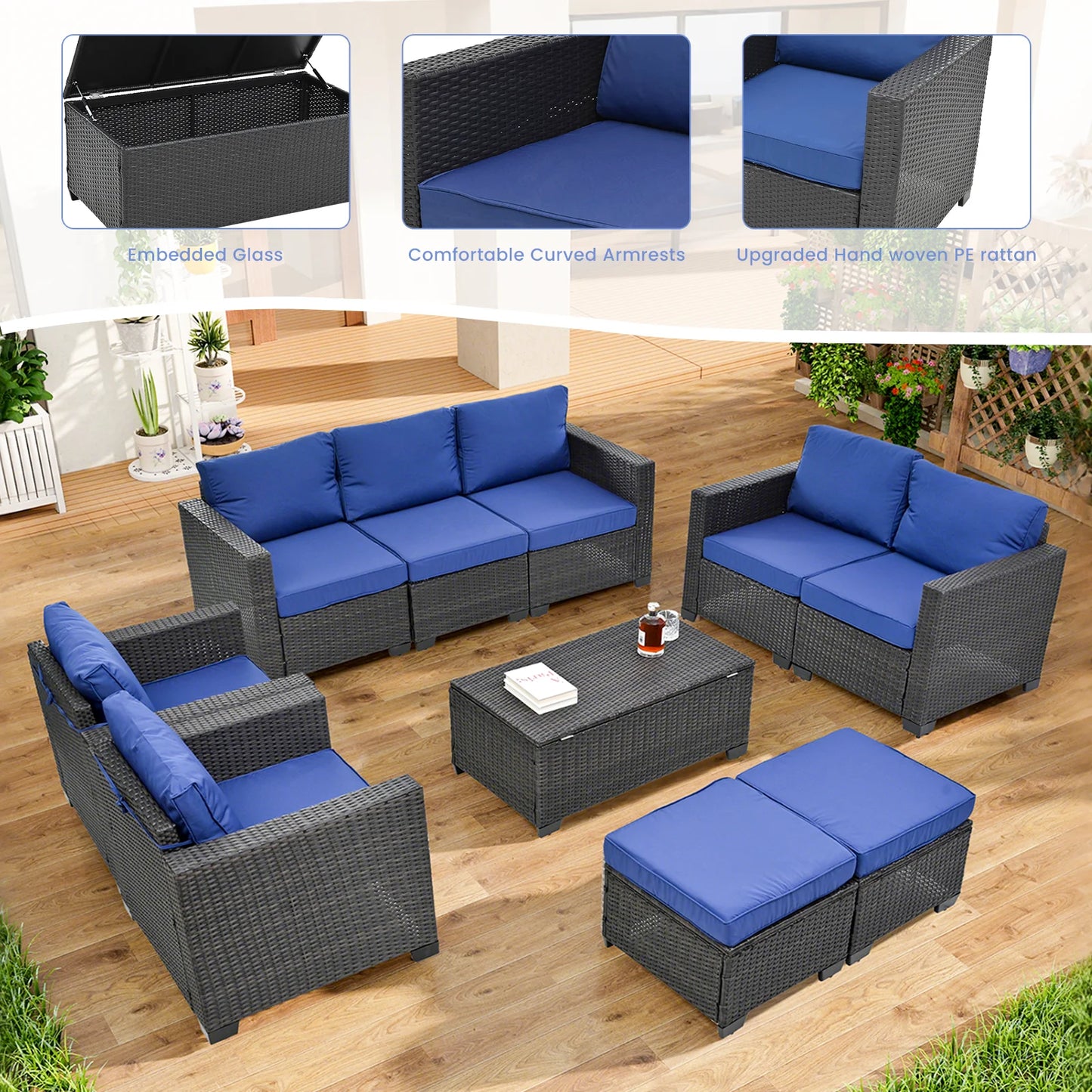 10 Pieces Patio Furniture Sets Outdoor,Manual Weaving Wicker Rattan Sectional Sofa Patio Conversation Sets with Cushions & Coffee Table with Hidden Storage for Outside, Balcony, Porch
