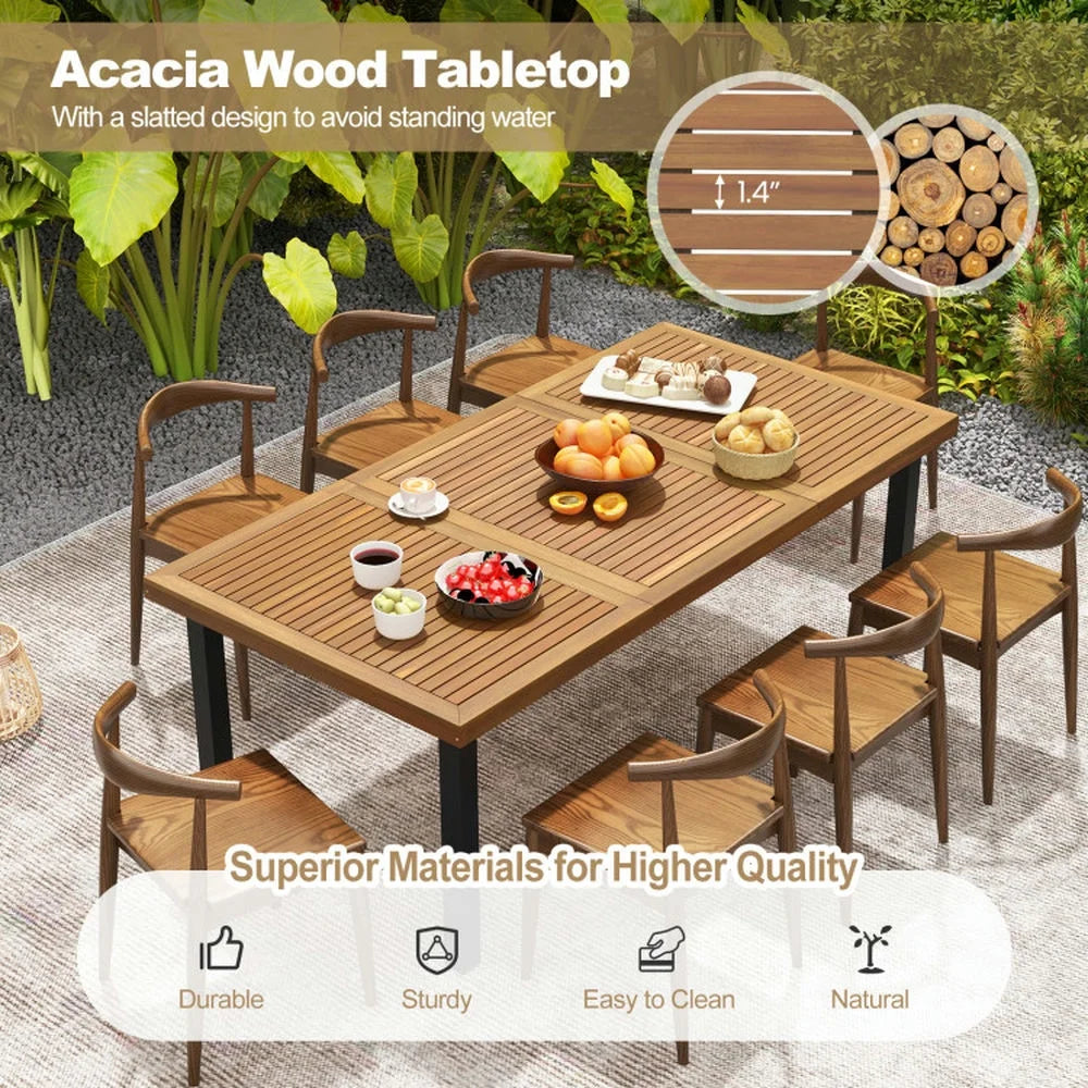 Spaco 8-Person Patio Table with 1.9 Inch Umbrella Hole, 79 Inch Acacia Wood Dining Table with Reinforced Metal Frame and Adjustable Foot Pads, Dining Table for Yard, Garden, Natural
