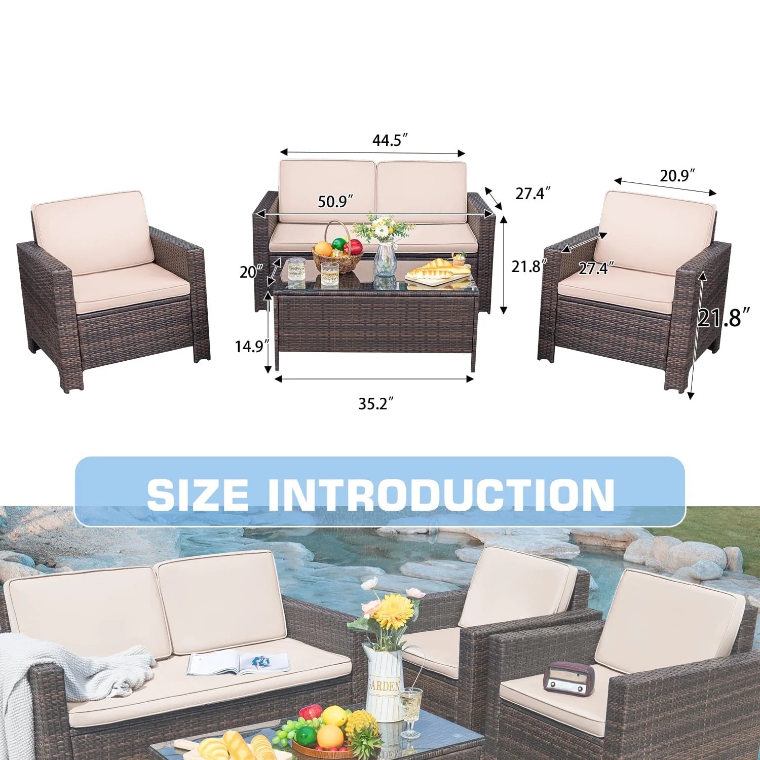 Lacoo 4 Pieces Patio Furniture Sets Rattan Chair Wicker Conversation Sofa Set Outdoor Backyard Porch Garden Poolside Balcony Use Furniture, Beige