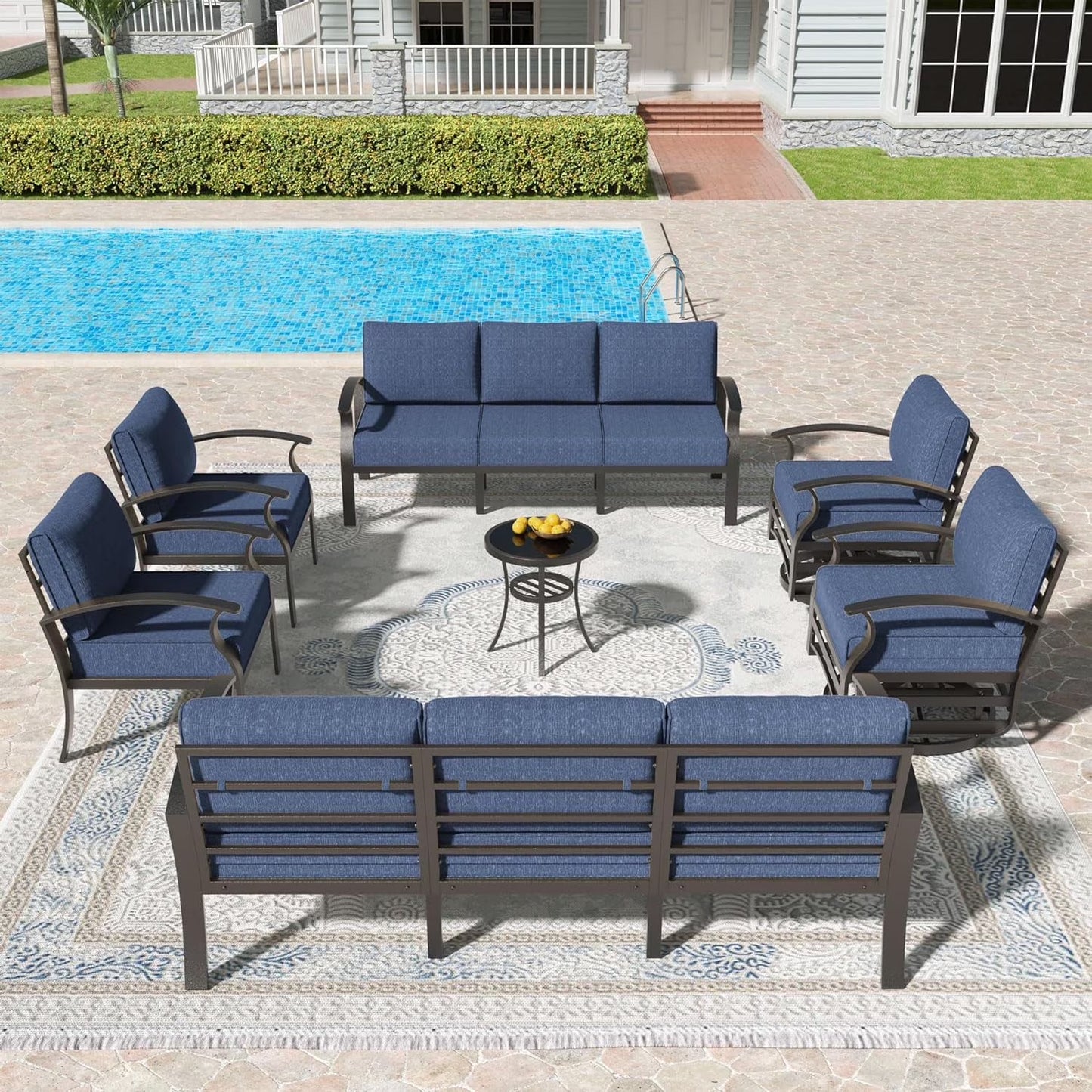 Gotland Aluminum Patio Furniture Set,7 Pieces 10 Seat Metal Outdoor Furniture Conversation Set w/Swivel Chairs,Navy Blue
