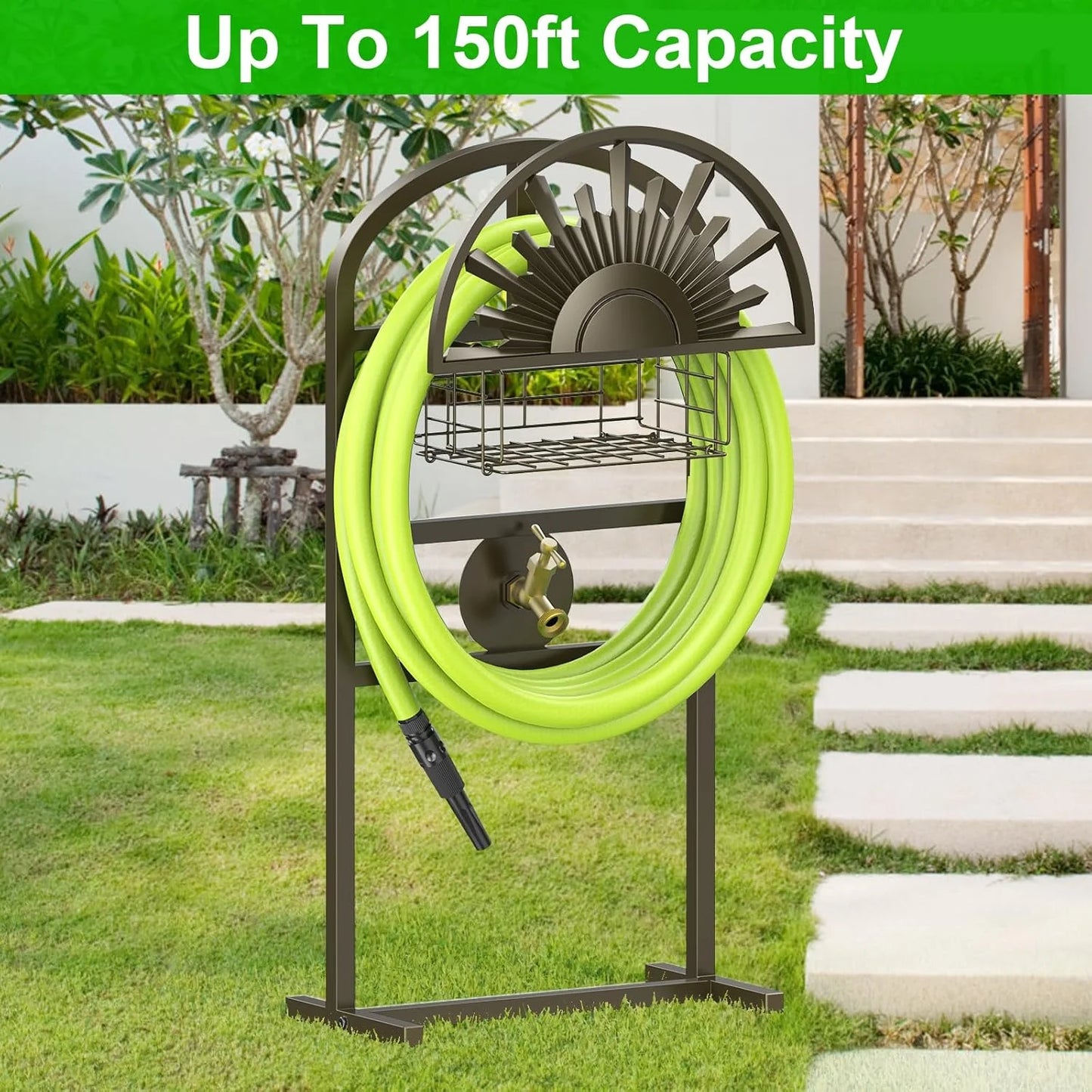 Garden Hose Holder with Brass Faucet, Freestanding Water Hose Stand with Storage Basket, Detachable Heavy Duty Hose Reel Hanger Holds 150-Feet Hose for Outside Patio Yard Lawn