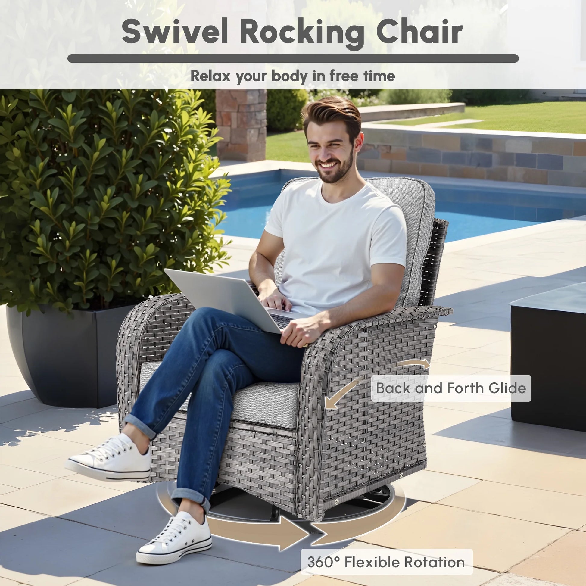 Ovios 5 Pieces Outdoor Patio Furniture Set High Back All Weather Wicker Conversation Set with Swivel Chairs & Coffee Table, Dark Gray
