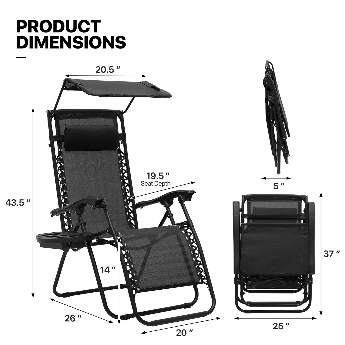 MoNiBloom Zero Gravity Chairs Set of 2, Folding Outdoor Patio Beach Recliner with Canopy Shade & Headrest, Black