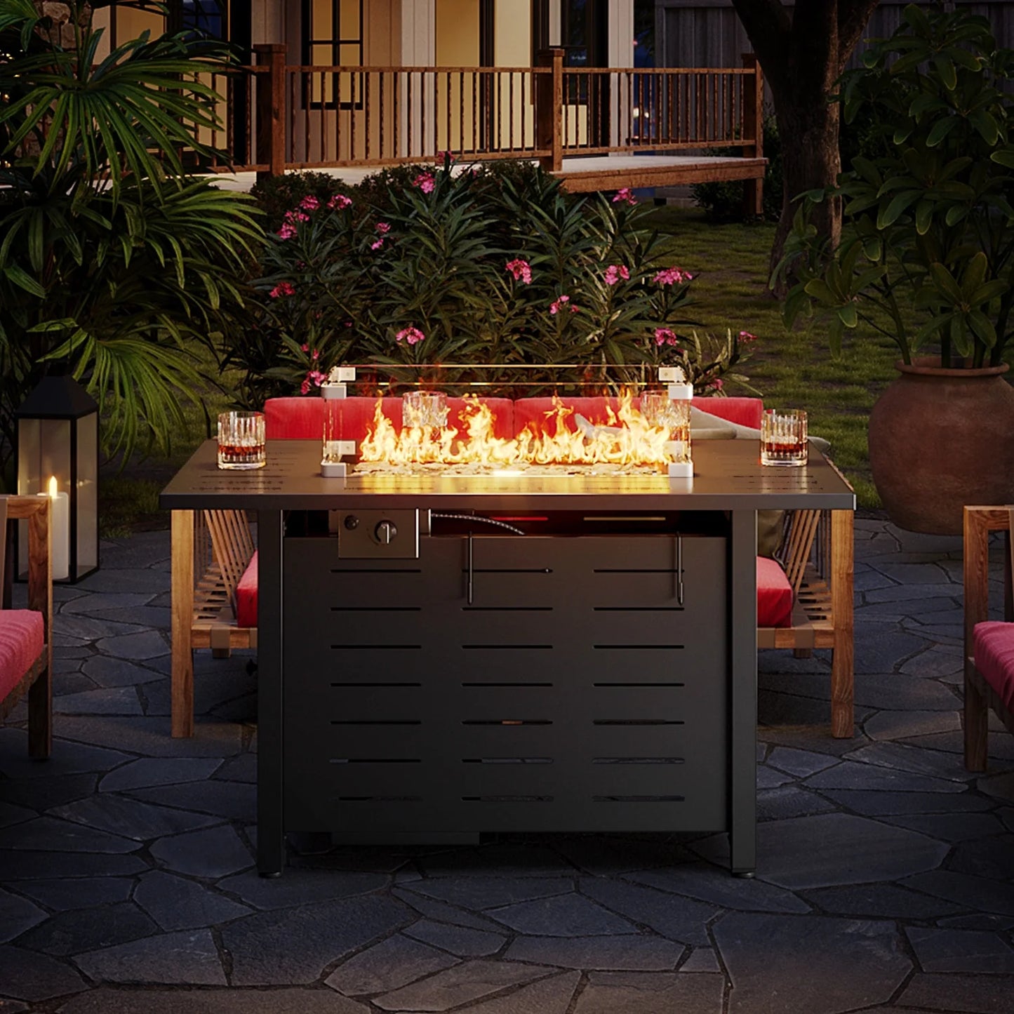 Sunmthink 44" Propane Fire Pit Table, 50,000 BTU Auto Ignition Steel Gas Fire Pit with Removable Lid & Waterproof Cover for Patio, Backyard, Black