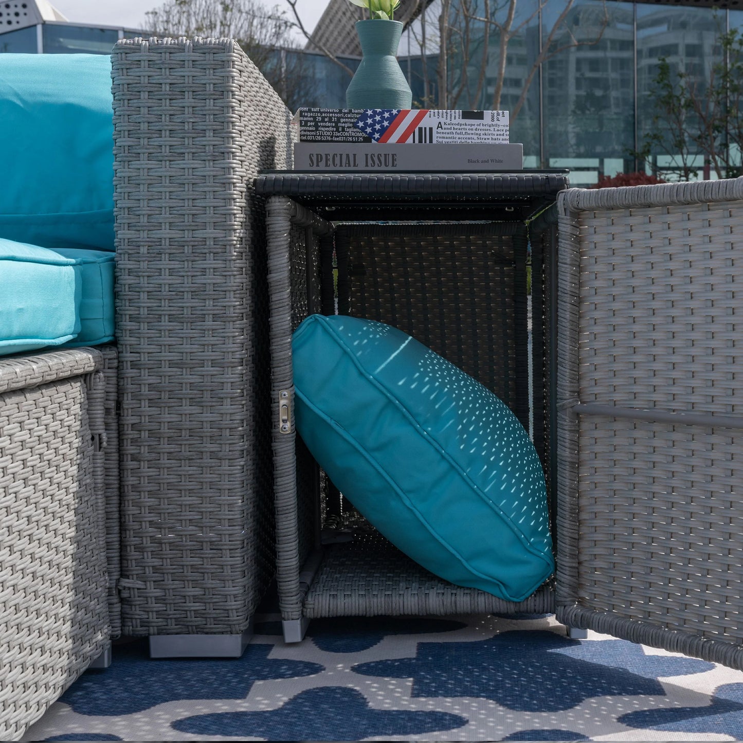 5 Pieces Outdoor Rattan Patio Sofa Set with Blue Cushions