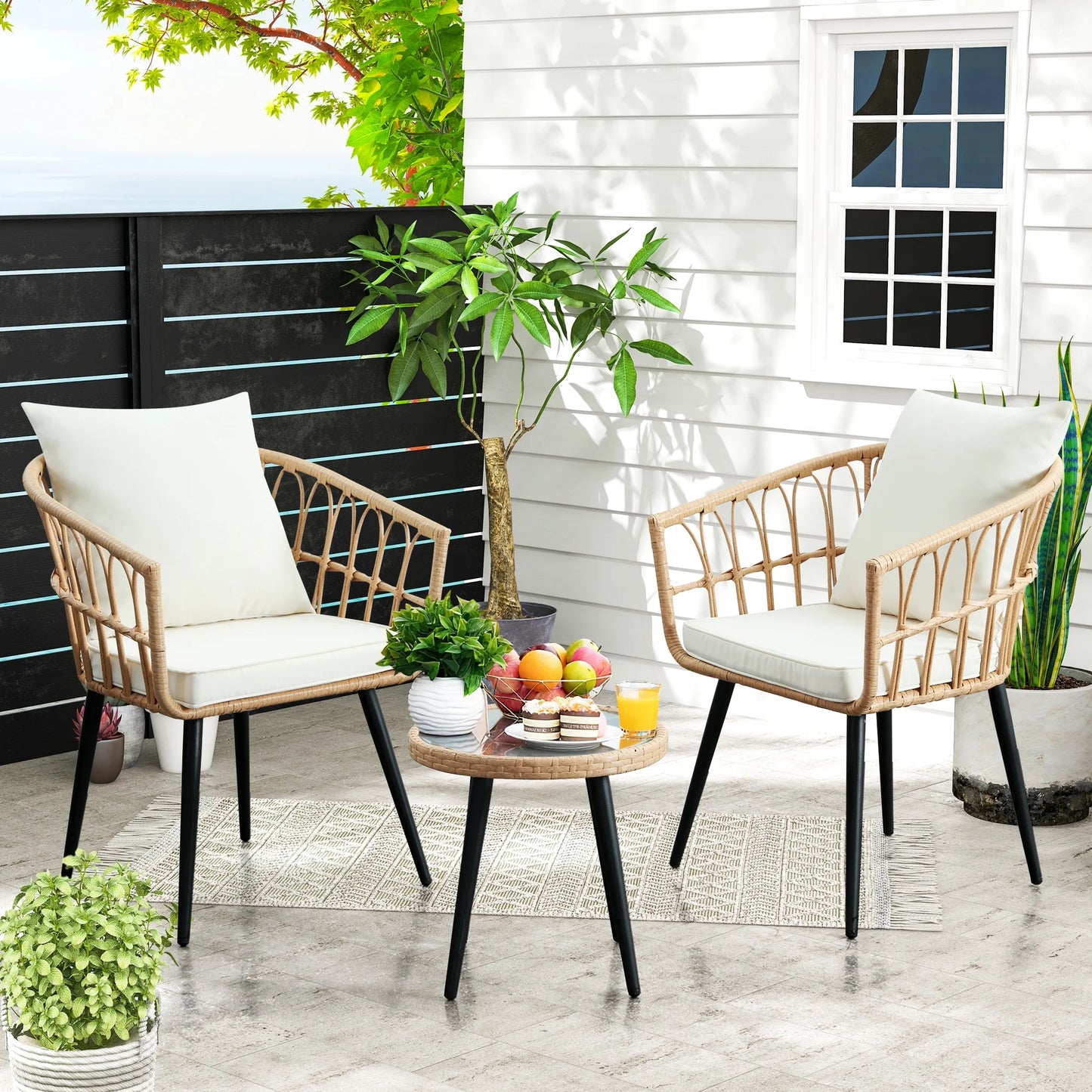 FHFO 3 Piece Patio Bistro Set, Outdoor Wicker Apartment Balcony Furniture Sets, Rattan Table and Chairs Set of 2 for Porch Backyard Lawn Poolside Deck, Beige