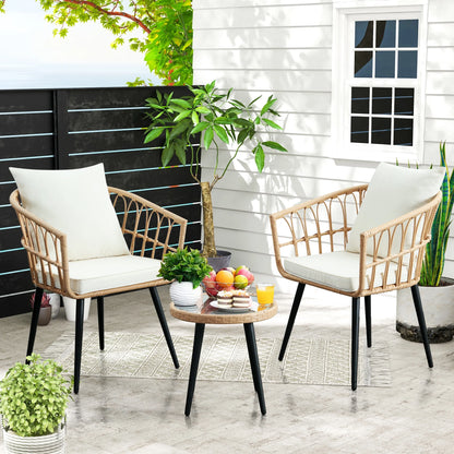 FHFO 3 Piece Patio Bistro Set, Outdoor Wicker Apartment Balcony Furniture Sets, Rattan Table and Chairs Set of 2 for Porch Backyard Lawn Poolside Deck, Beige