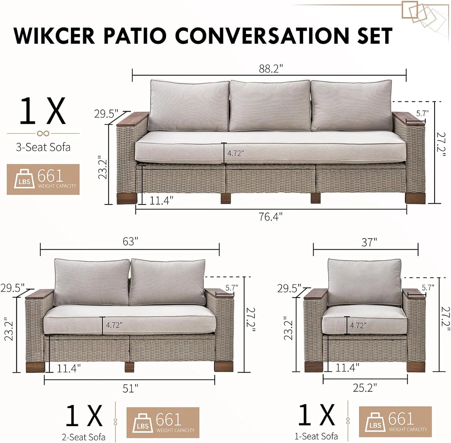 Jocisland Patio Furniture Set, 6 Piece Modular Rattan Outdoor Sectional Set with Washable Cushions, 3-Seat Outdoor Couch, 1 Loveseat, 1 Single Chair for Lawn Deck Backyard Garden, Beige