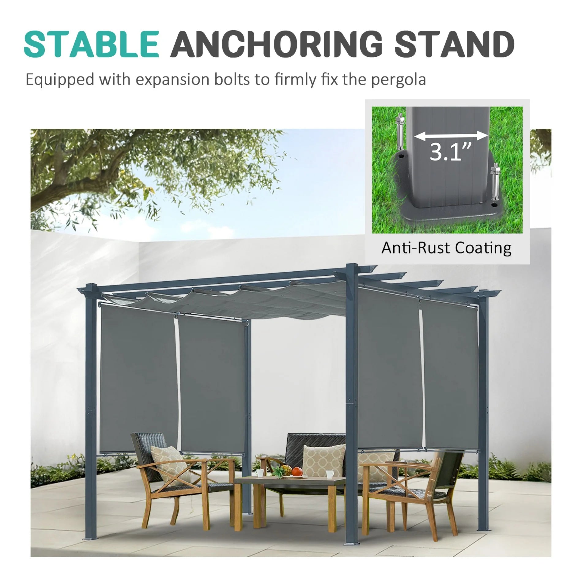 BPS 10'x10' Outdoor Retractable Pergola with Sun Shade Canopy & Curtains, Patio Aluminum Pergola Gazebos for Backyard Deck Garden, Dark Gray